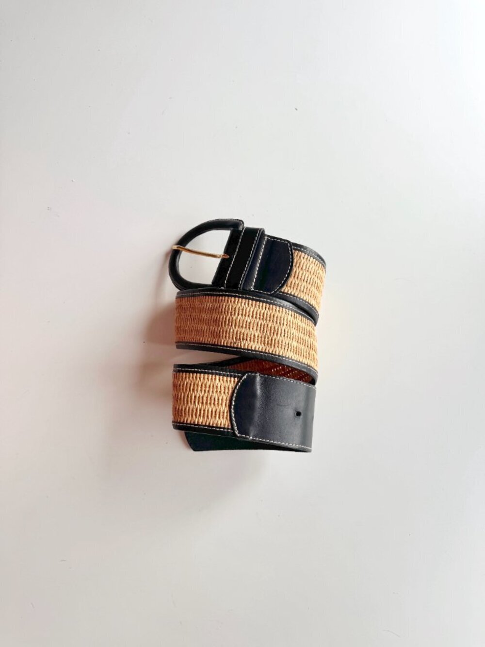 STEFANEL Black Leather Tan Raffia Wide Belt, Size 3